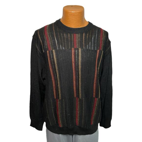 C10 Vintage D’Avila Men’s Black Knit Striped Classic Wool Blend Sweater, Medium - Picture 1 of 6